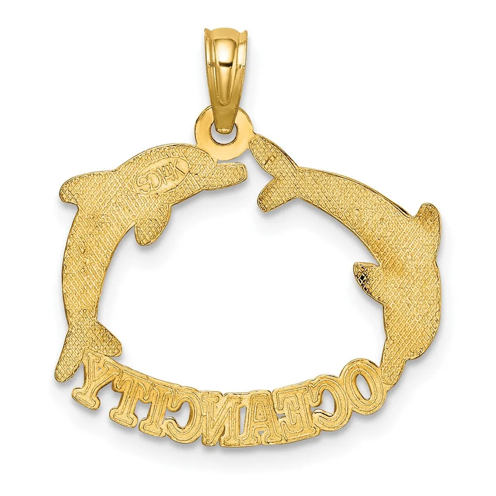 14k Polished OCEAN CITY w/ Jumping Dolphins Charm