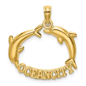 14k Polished OCEAN CITY w/ Jumping Dolphins Charm