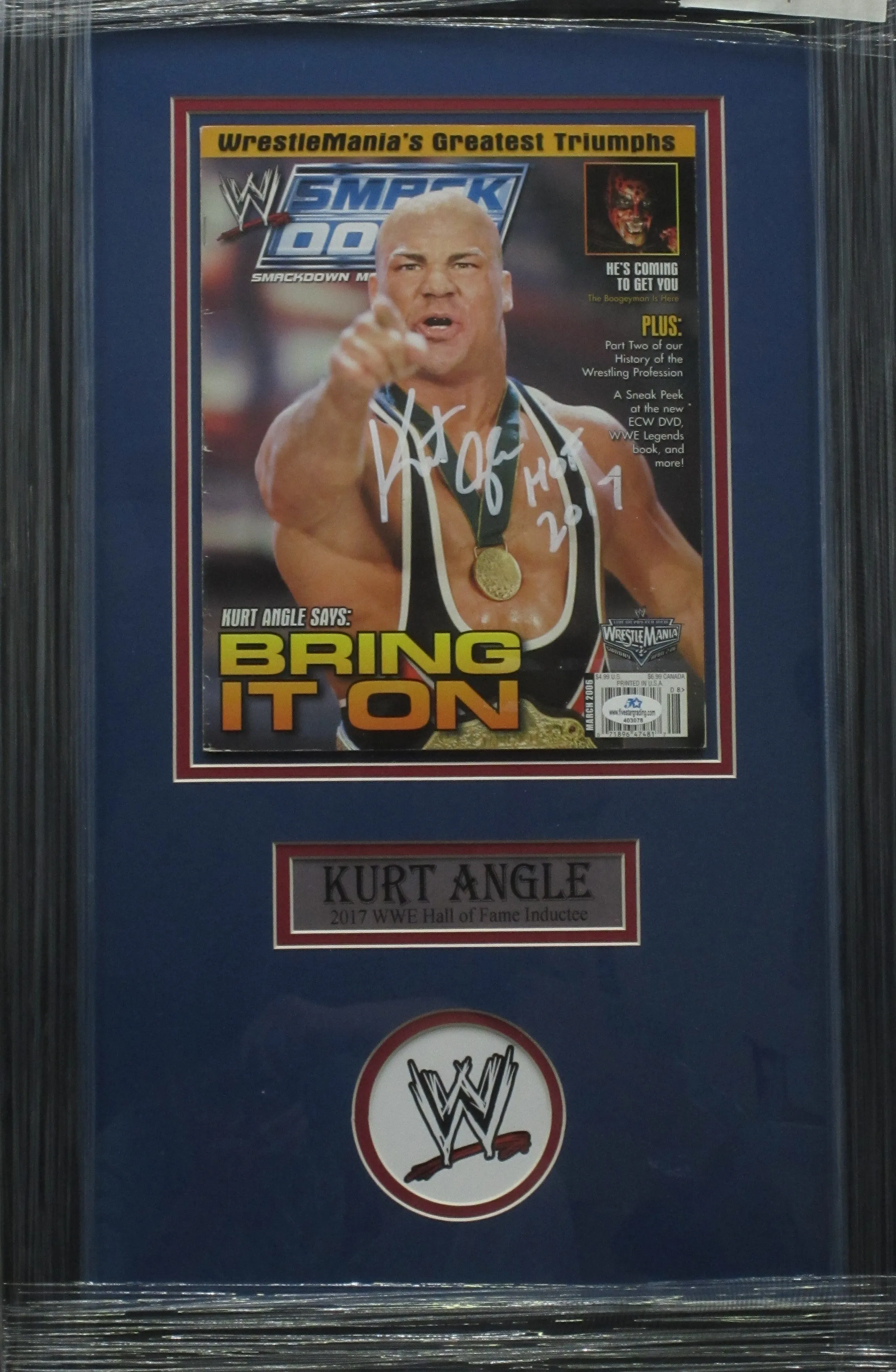 American Professional Wrestler Kurt Angle Hand Signed Autographed 2006 Smackdown Magazine with HOF 2017 Inscription Custom Framed & Matted with COA