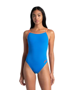 arena Performance Women's Solid Lace Back Swimsuit Blue River-Bright Coral