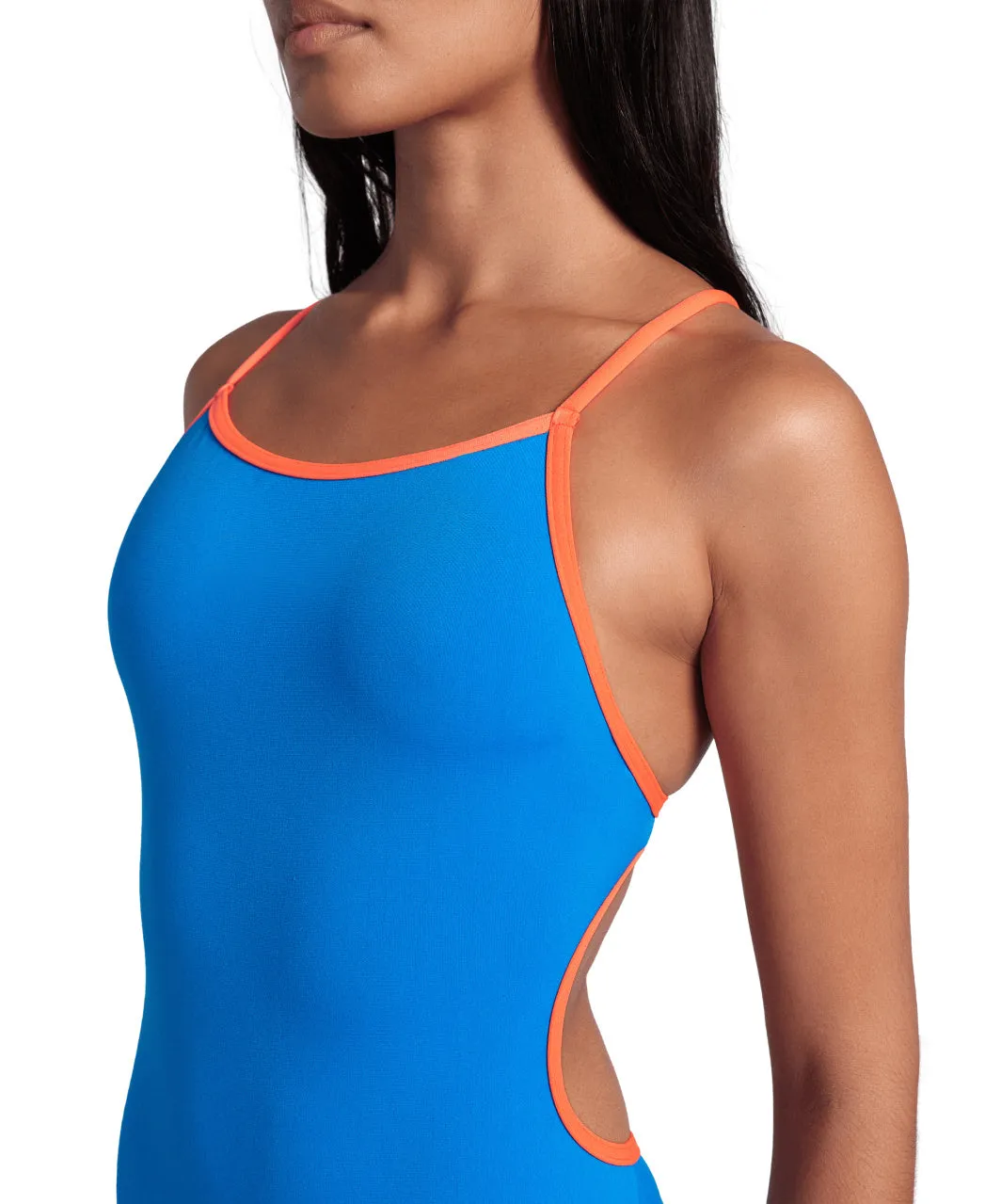 arena Performance Women's Solid Lace Back Swimsuit Blue River-Bright Coral