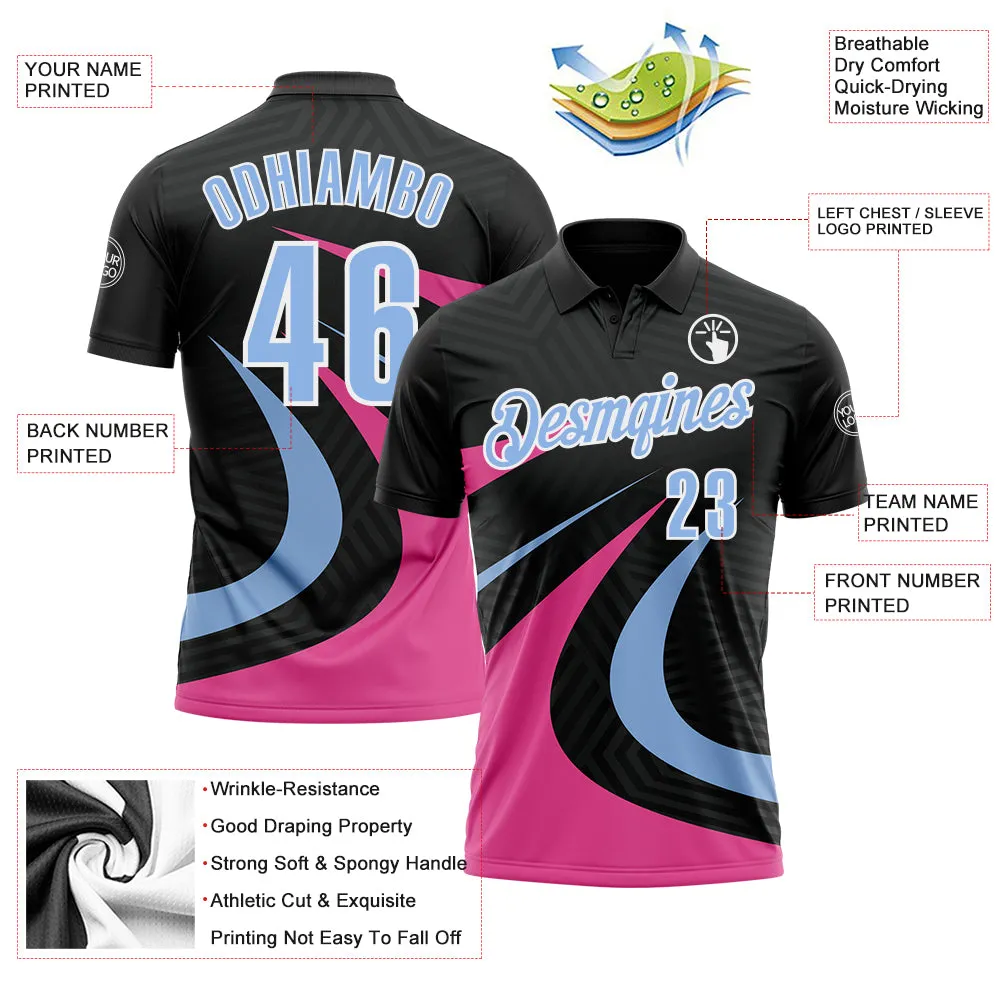 Custom Black Light Blue-Pink 3D Bowling Geometric Shape Performance Polo Shirt