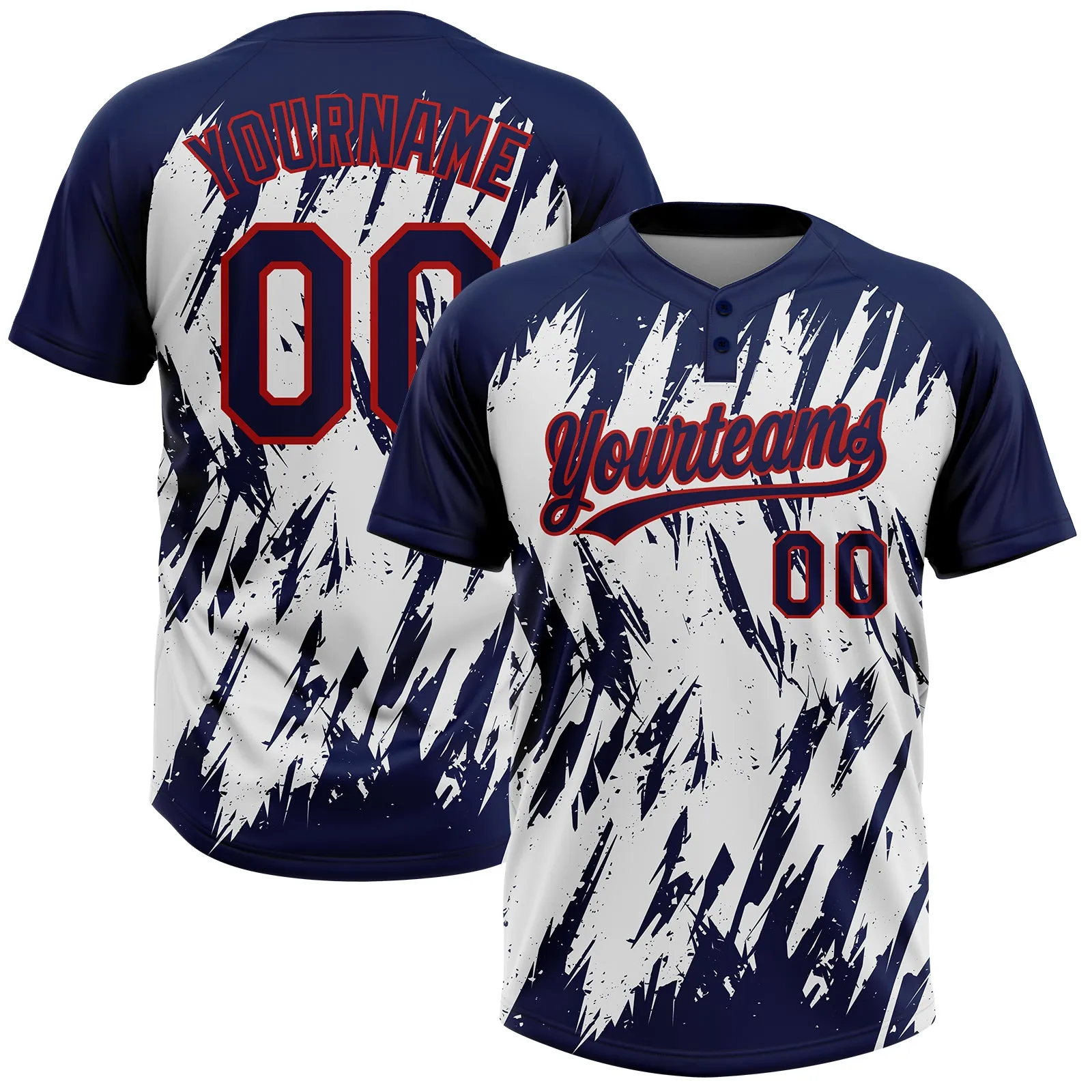Custom Navy Red-White 3D Pattern Abstract Sharp Shape Two-Button Unisex Softball Jersey