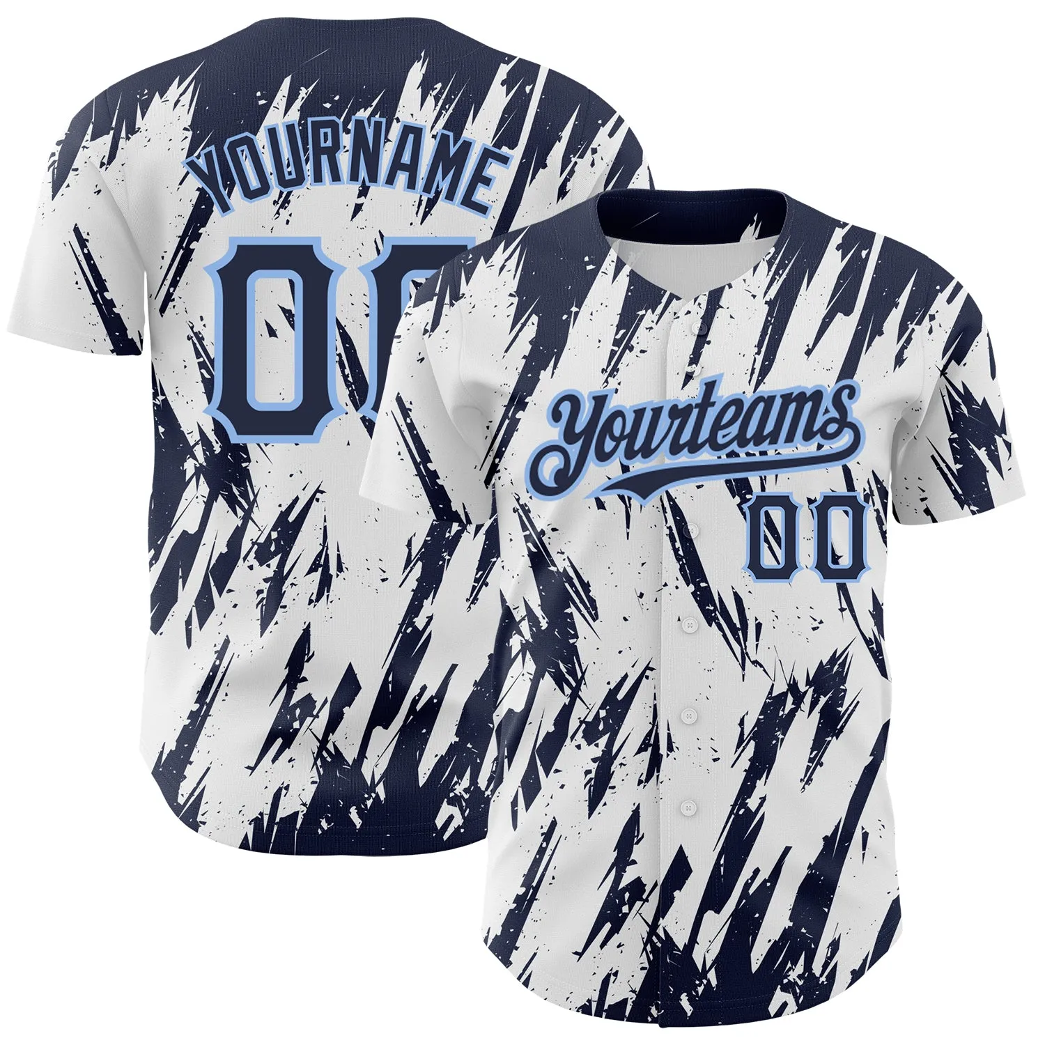 Custom White Navy-Light Blue 3D Pattern Design Abstract Sharp Shape Authentic Baseball Jersey
