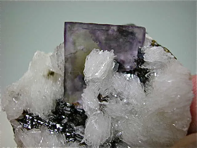 Fluorite and Barite on Sphalerite, Rosiclare Level, Minerva #1 Mine, Ozark-Mahoning Company, Cave-in-Rock District, Southern Illinois Miniature 3 x 4 x 4.5 cm $125. Online July 10.   SOLD.