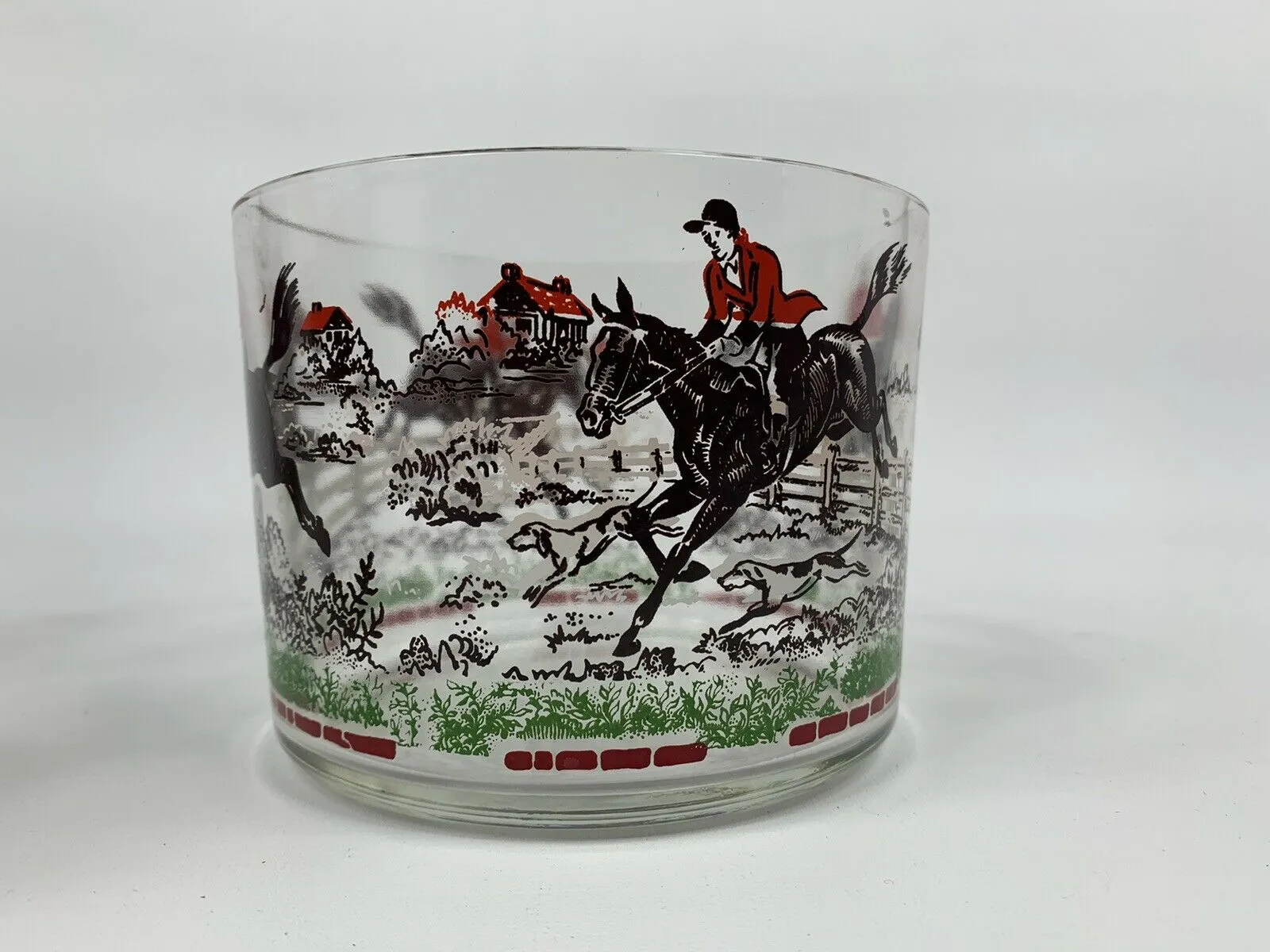 Glasses and Ice Bowl Bar Set Hunt Scene Pattern 7 Piece Set Vintage