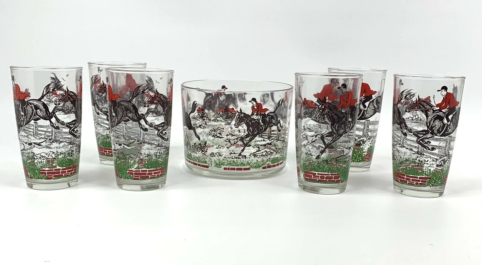 Glasses and Ice Bowl Bar Set Hunt Scene Pattern 7 Piece Set Vintage