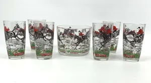 Glasses and Ice Bowl Bar Set Hunt Scene Pattern 7 Piece Set Vintage