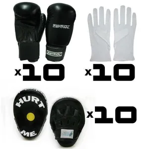 GOLD PACK 10 Pairs of BOXING GLOVES, FOCUS PADS & BOXING INNERS