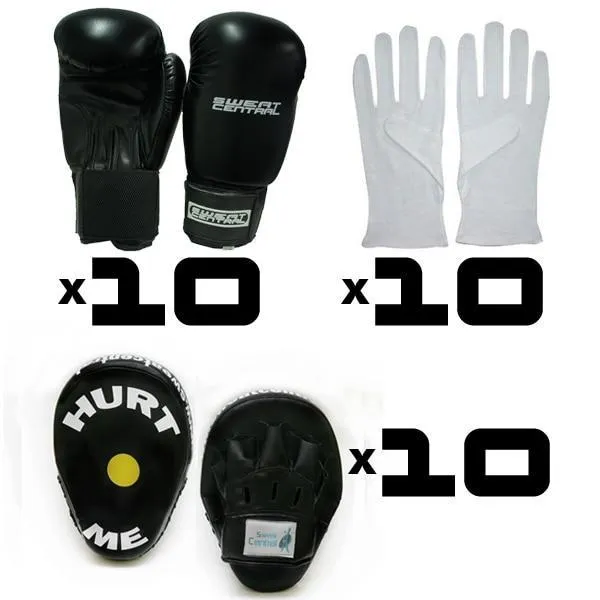 GOLD PACK 10 Pairs of BOXING GLOVES, FOCUS PADS & BOXING INNERS
