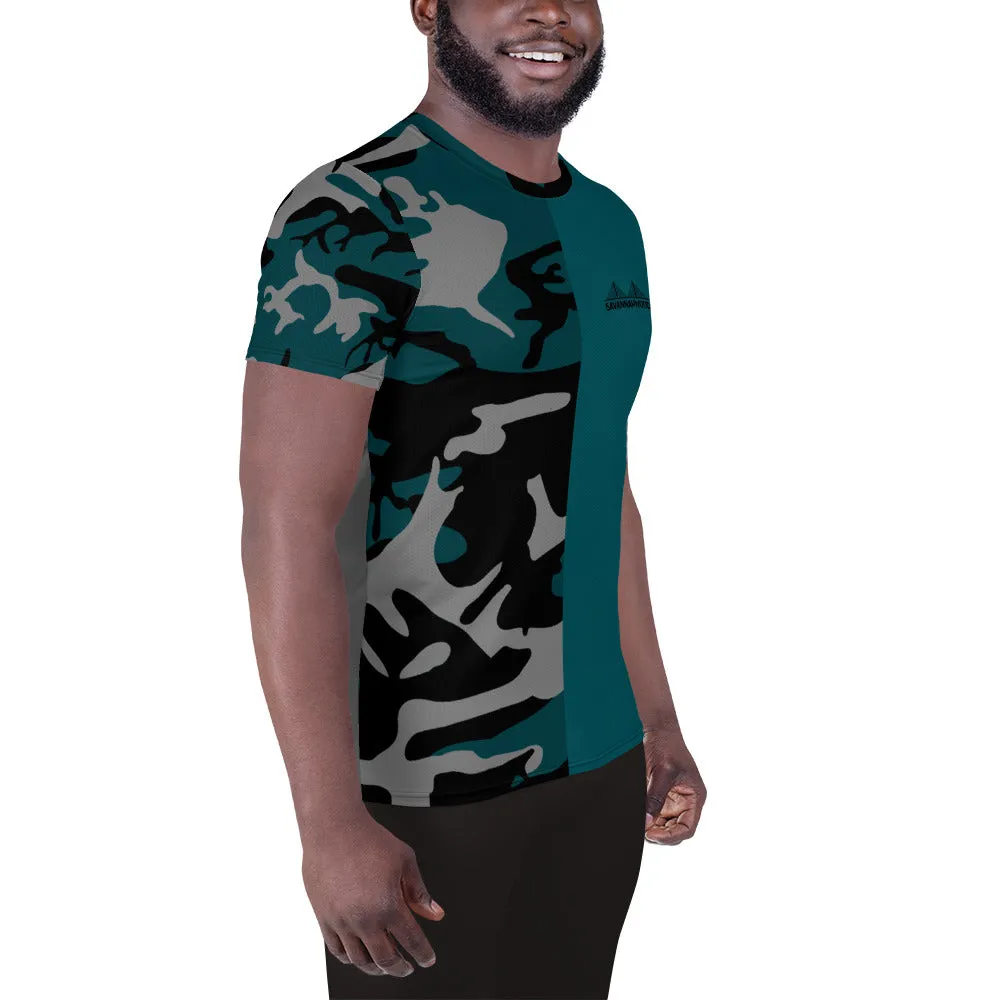 Gray Teal and Black Camouflage Men's Athletic T-shirt