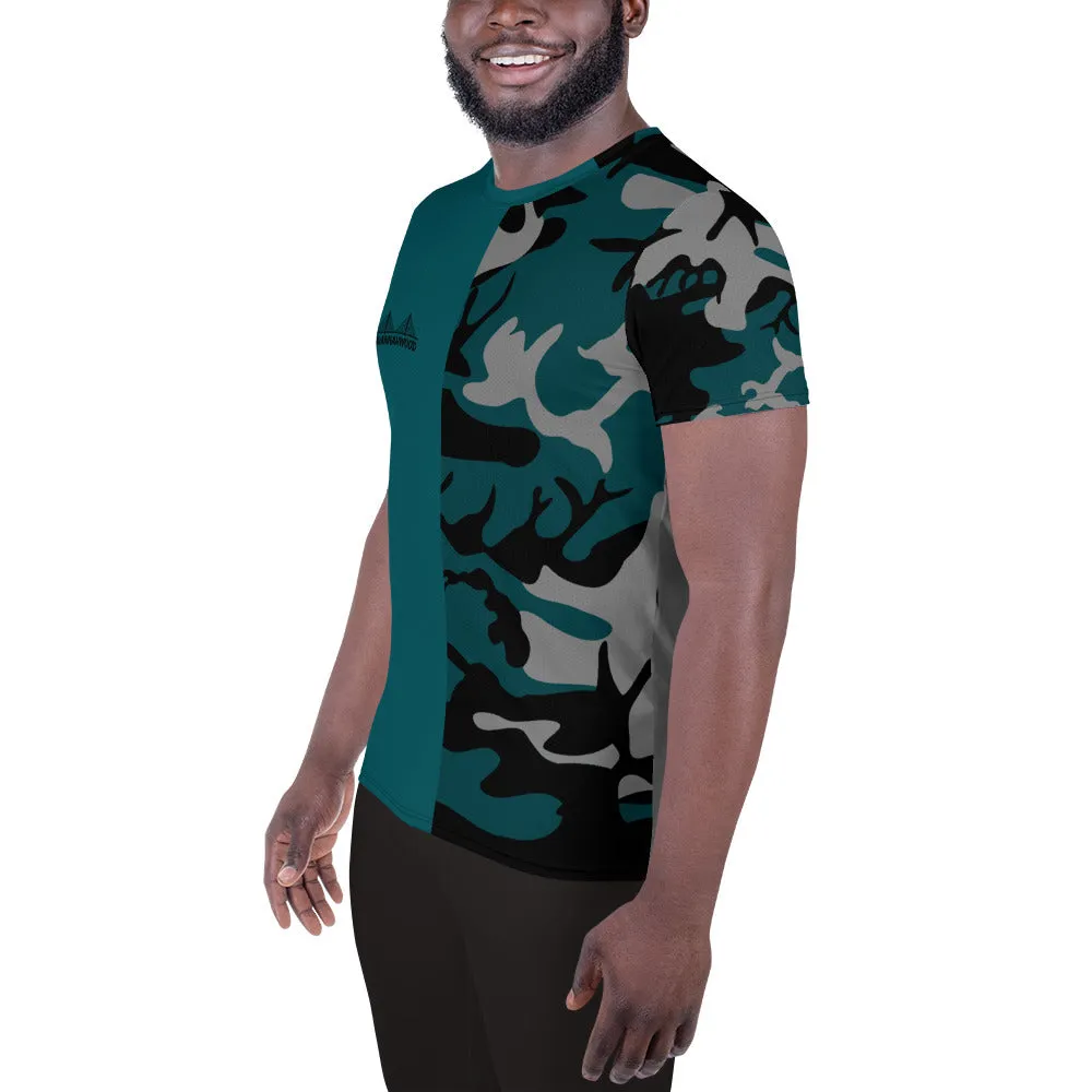 Gray Teal and Black Camouflage Men's Athletic T-shirt