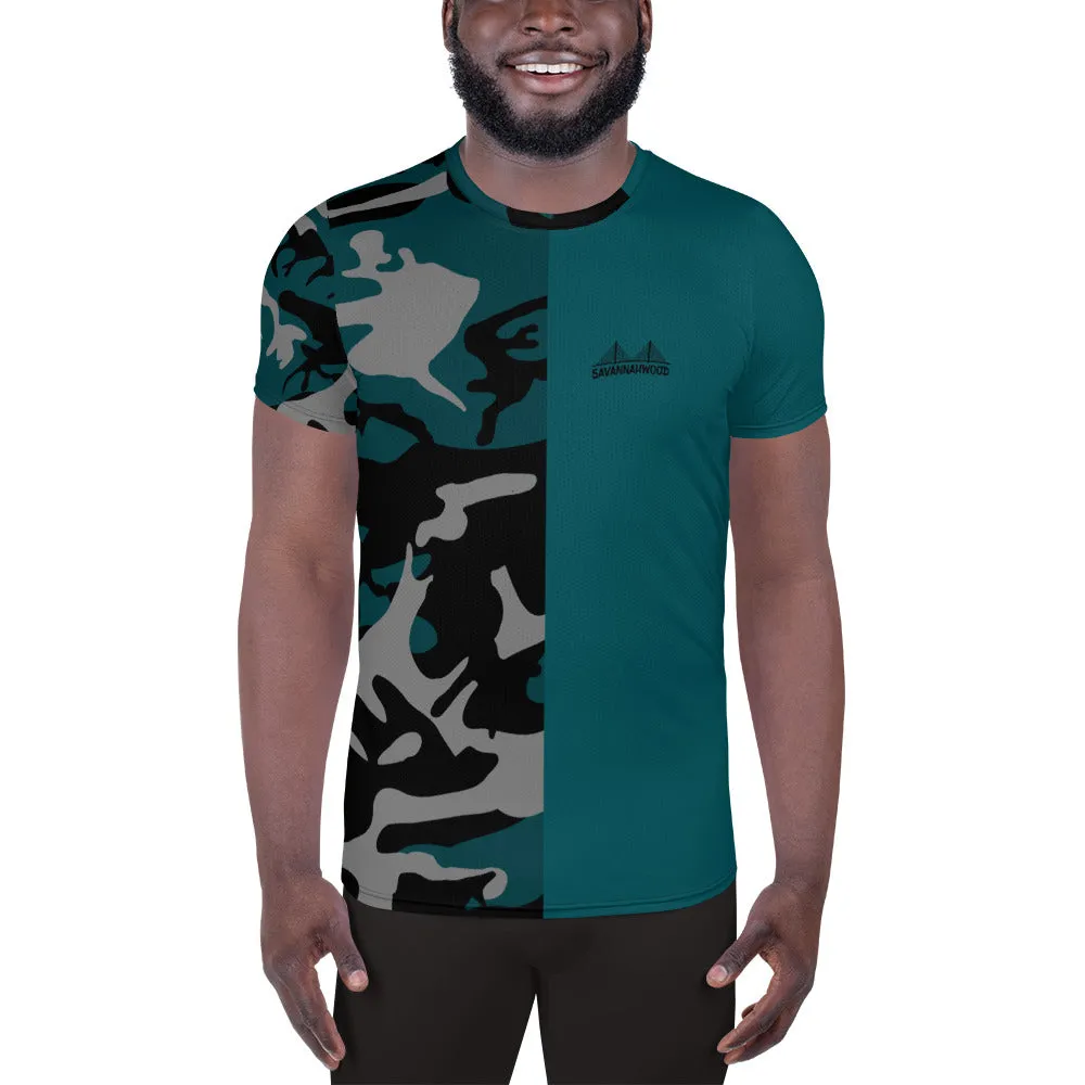 Gray Teal and Black Camouflage Men's Athletic T-shirt
