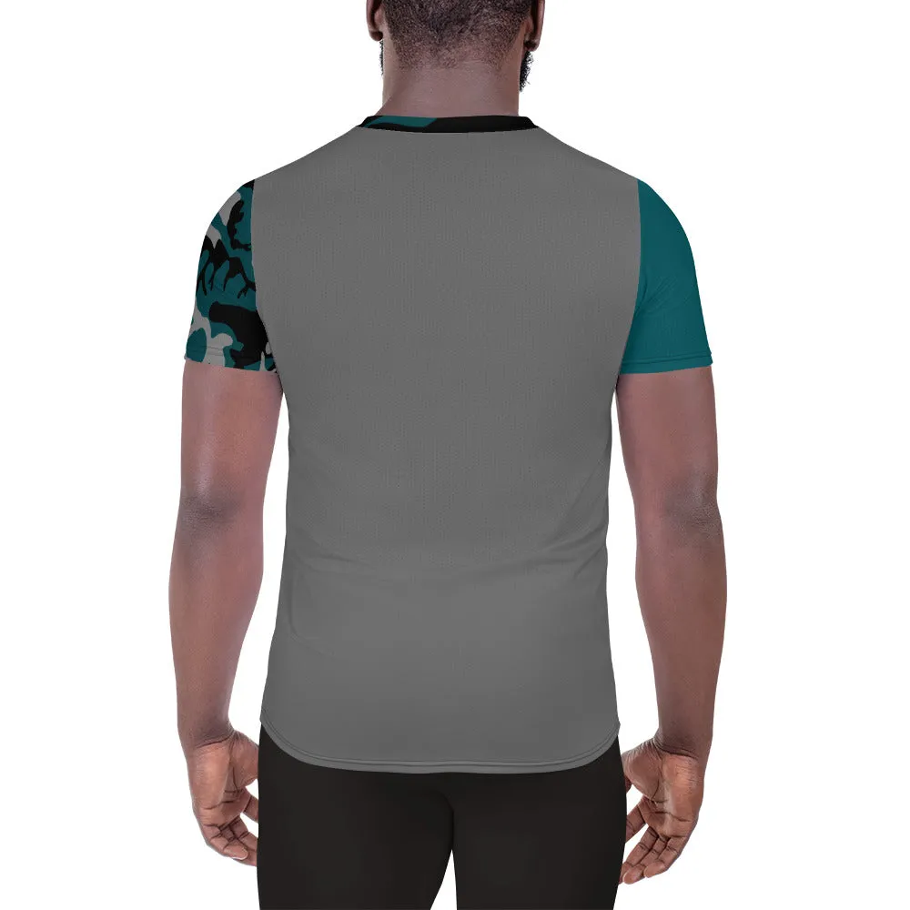 Gray Teal and Black Camouflage Men's Athletic T-shirt