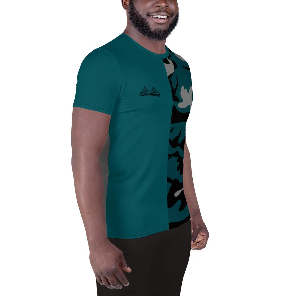 Gray Teal and Black Camouflage Men's Athletic T-shirt