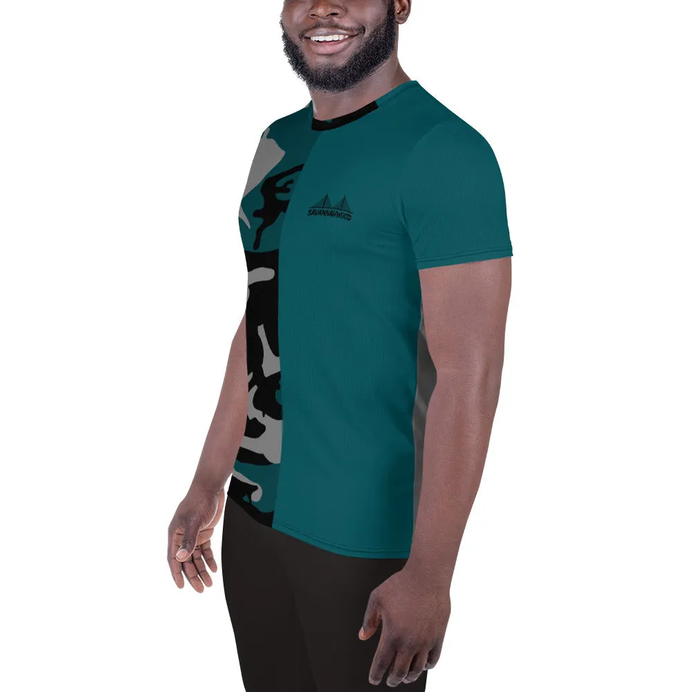 Gray Teal and Black Camouflage Men's Athletic T-shirt