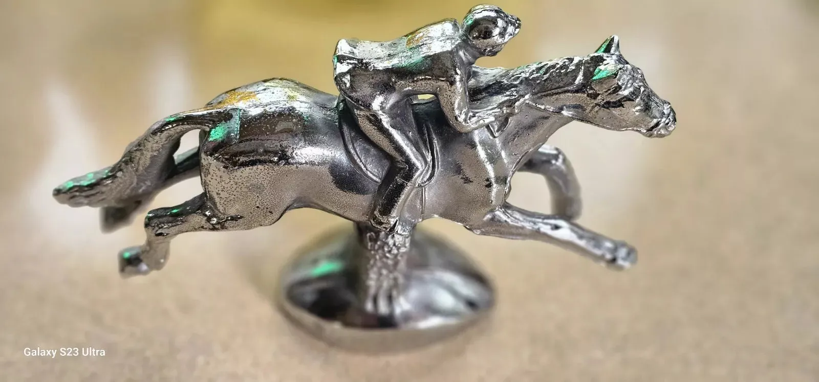 Hood Ornament Silver Tone Rider Jumping Hedge