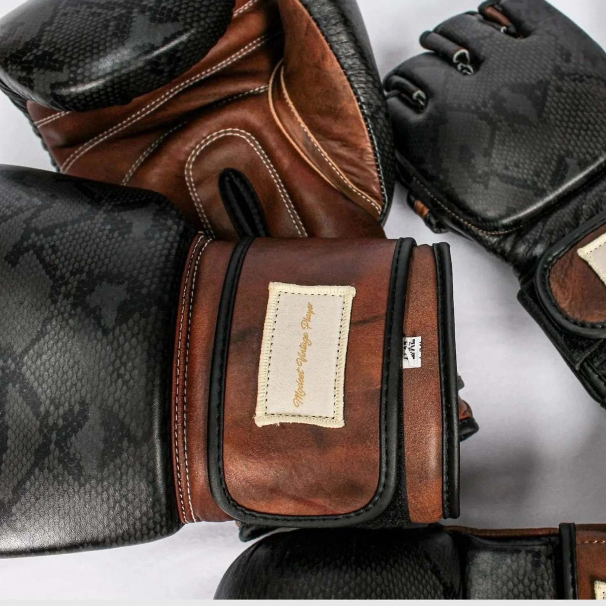 PRO Black Python Print Leather Boxing Gloves (Strap Up) Limited Edition