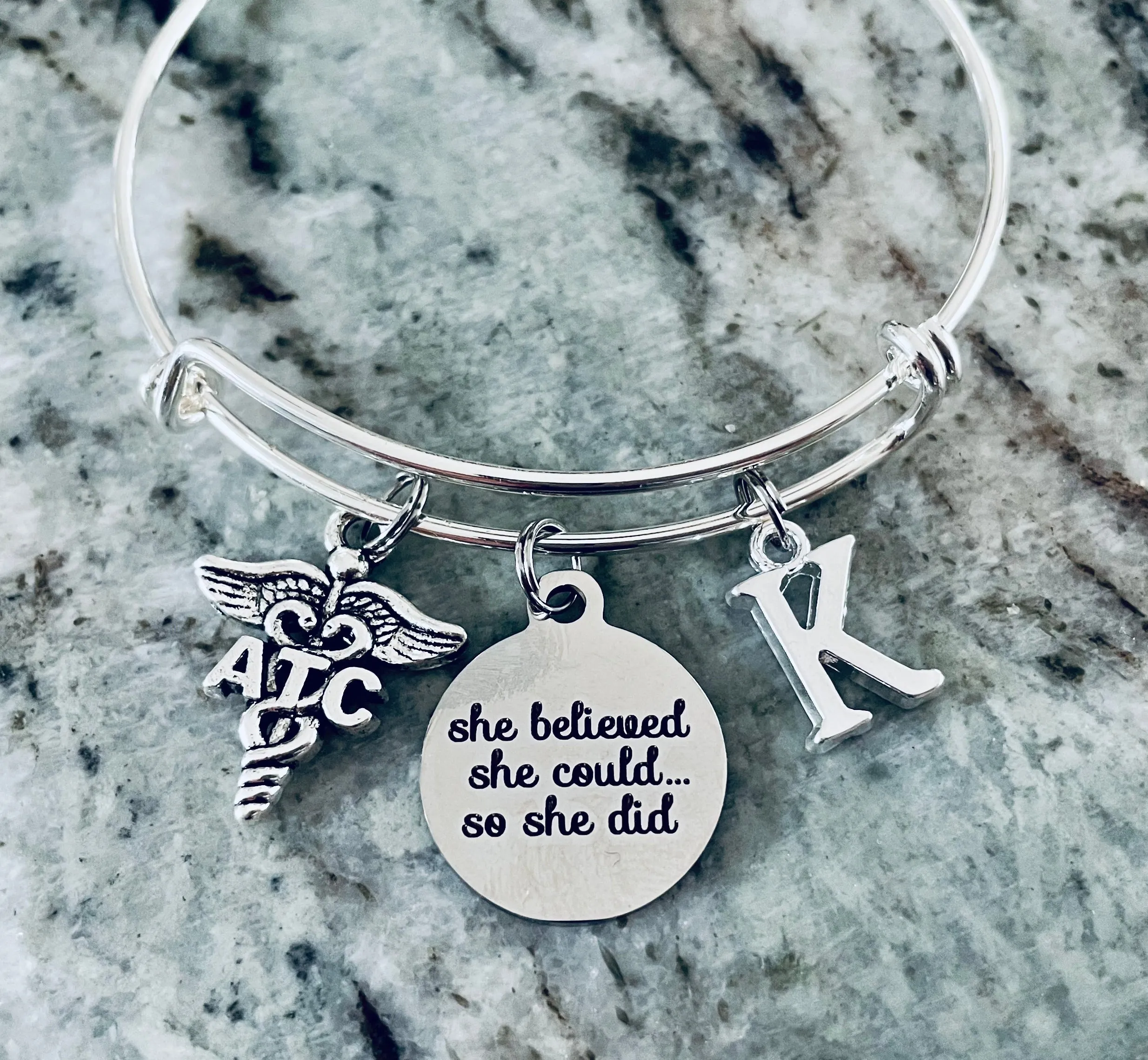 She Believed She Could Athletic Training Expandable Charm Bracelet Silver AT Adjustable Bangle Graduation Gift