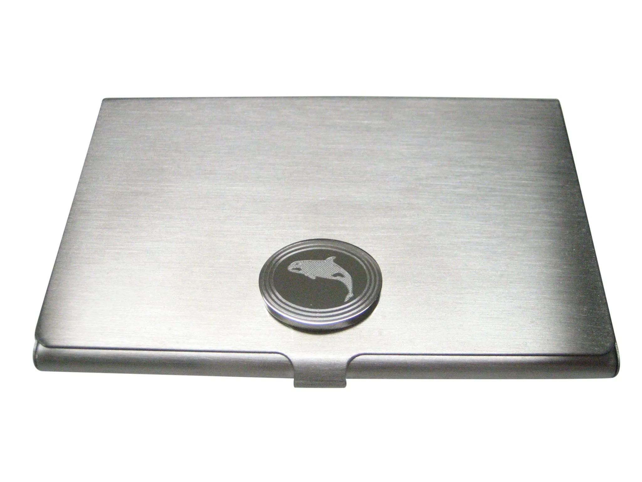 Silver Toned Etched Oval Jumping Killer Whale Orca Business Card Holder