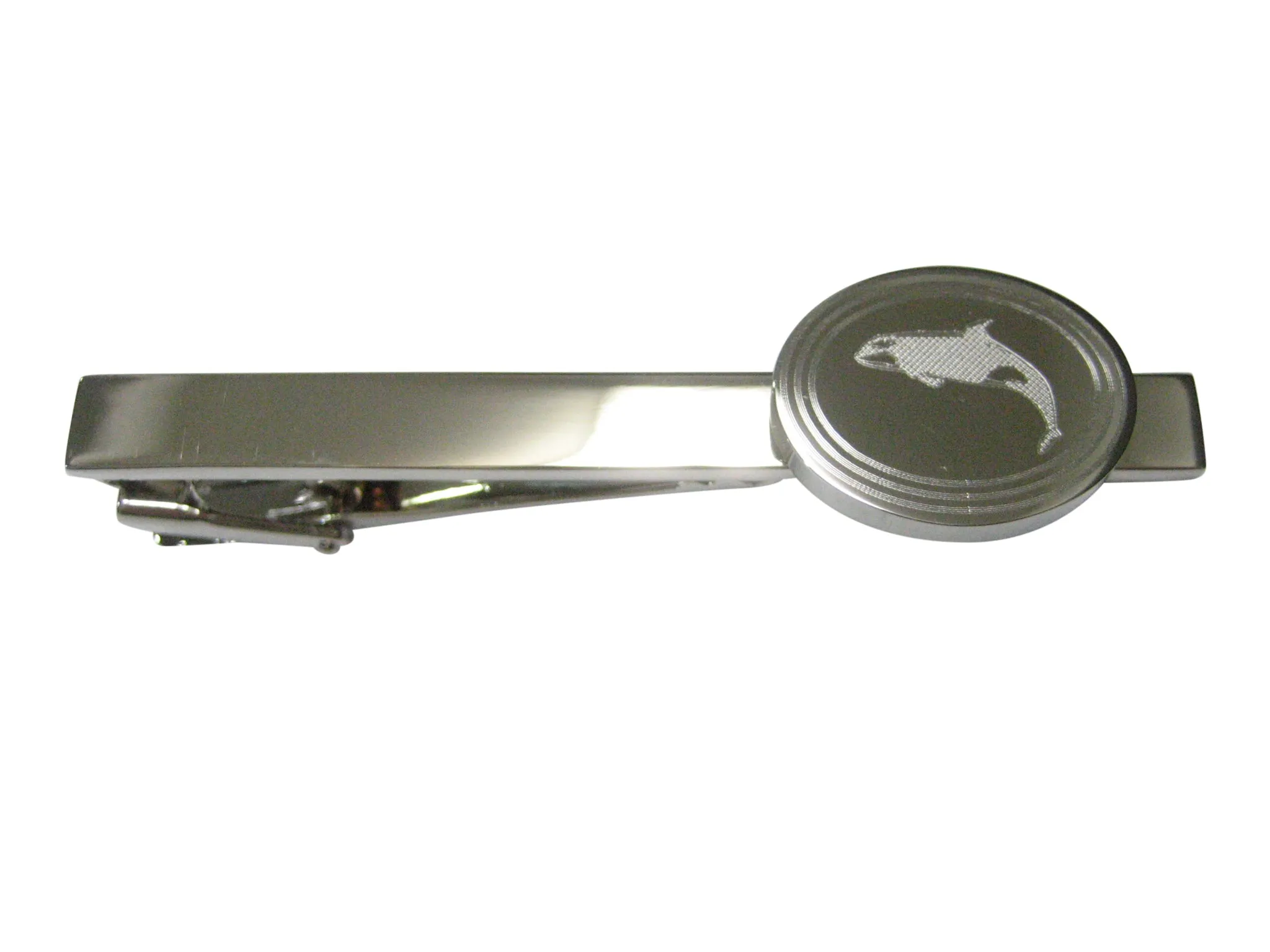 Silver Toned Etched Oval Jumping Killer Whale Orca Tie Clip