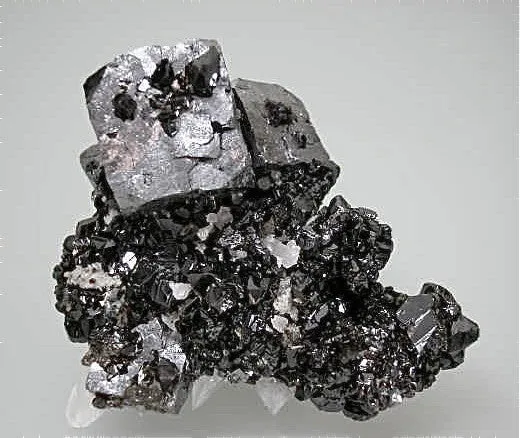 SOLD Galena and Sphalerite with Calcite, Rosiclare Level Denton Mine, Ozark-Mahoning Company, Harris Creek District Southern Illinois, Mined c.1987, Roy Smith Collection, Small Cabinet 3.0 x 6.0 x 7.0 cm, $350.  Online 8/20.