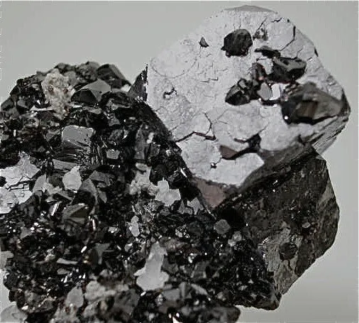 SOLD Galena and Sphalerite with Calcite, Rosiclare Level Denton Mine, Ozark-Mahoning Company, Harris Creek District Southern Illinois, Mined c.1987, Roy Smith Collection, Small Cabinet 3.0 x 6.0 x 7.0 cm, $350.  Online 8/20.