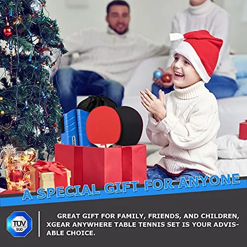 XGEAR Anywhere Ping Pong Equipment to-Go Includes Retractable Net Post, 2 Ping Pong Paddles, 3 pcs Balls, Attach to Any Table Surface, for All Ages£¬ Lake Blue