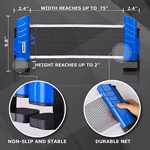 XGEAR Anywhere Ping Pong Equipment to-Go Includes Retractable Net Post, 2 Ping Pong Paddles, 3 pcs Balls, Attach to Any Table Surface, for All Ages£¬ Lake Blue